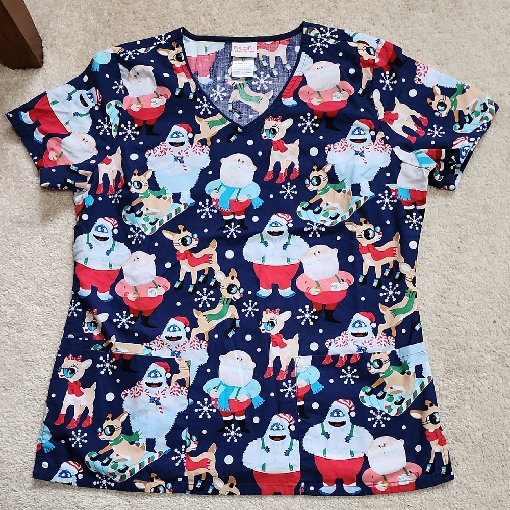 Rudolph The Red Nosed Reindeer Show Theme Print Scrub Top. Medium